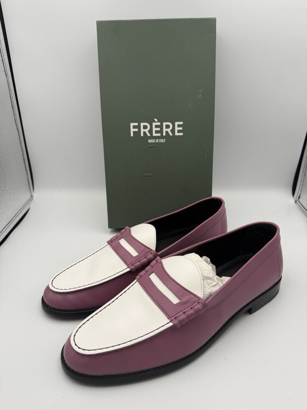 NIB FRERE Two-Tone Penny Loafers Purple White Made in Italy EU 45 US 12